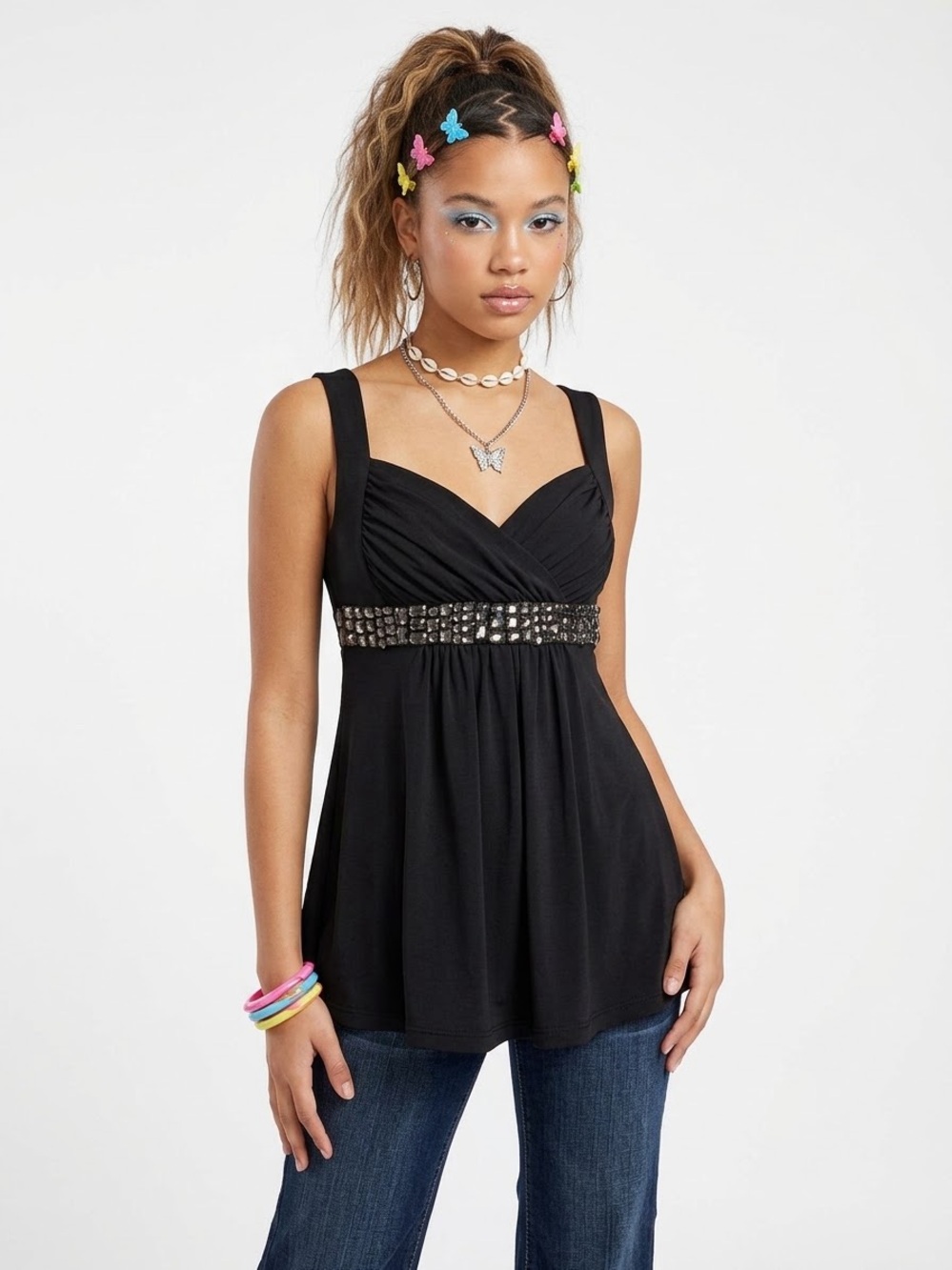 Y2K Rhinestone Bling Babydoll Going Out Top Cris Cross Baddie Bratz Whimsigoth